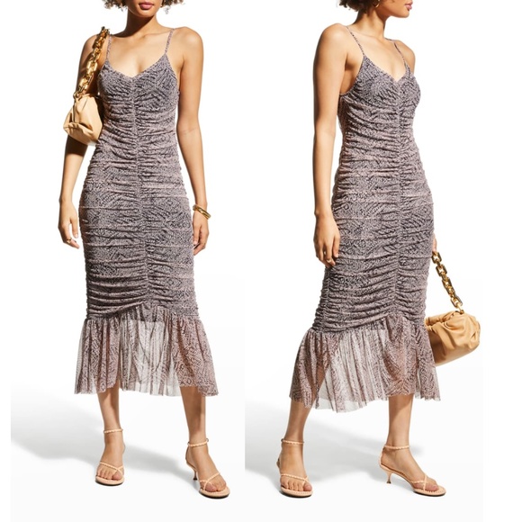 Misa Los Angeles Dresses & Skirts - NEW MISA Los Angeles Yasmeen Pink Printed Ruched Mesh Bodycon Midi Dress Size XS